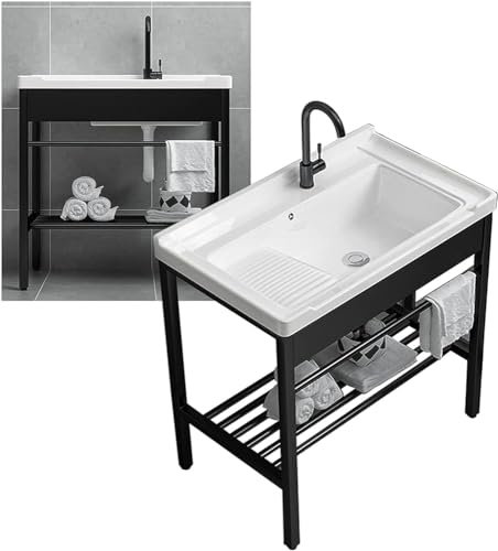 Küchenspüle, freistehend, Waschtisch, Waschtisch aus Keramik, Waschbrett-Set mit Halterung und Ablauf-Set mit Edelstahl-Metallbeinen, Ständer, Waschtischspüle mit Bla (Größe: 80 x 48 cm)