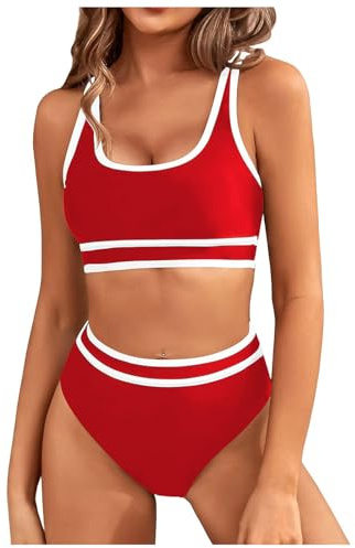 Genfien Women's Bikini Sets Bikini Tops High Waisted Bottom Tummy Control Bathing Suits Cut Out Ladies Swimsuit Suits Padded Beachwear Red