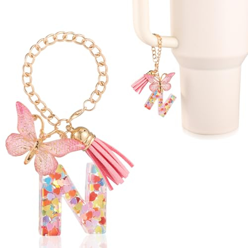 lasuroa Letter Charms Cup Accessories, Cute Alphabet Tumbler Decoration Mug Handle Charms Decor Chains with Butterfly for Stanley Tumblers Women Girls Gift (N)