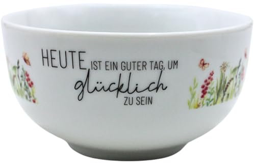 Dekohelden24 Müslischale, Frühstücksschale, Schüssel aus Porzellan, Motiv: Heute ist ein guter Tag, um glücklich zu sein, Größe: H/Ø 7 x 13 cm, Fassungsvermögen ca. 450 ml.