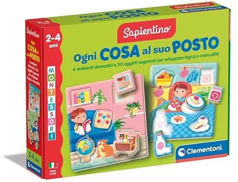Clementoni Sapientino Montessori – Todo en su Lugar, Juego Educativo para niños de 2 a 4 años, Rompecabezas de encastre para reconocer Objetos y ambientes, Fabricado en Italia, Idioma Italiano, 16866
