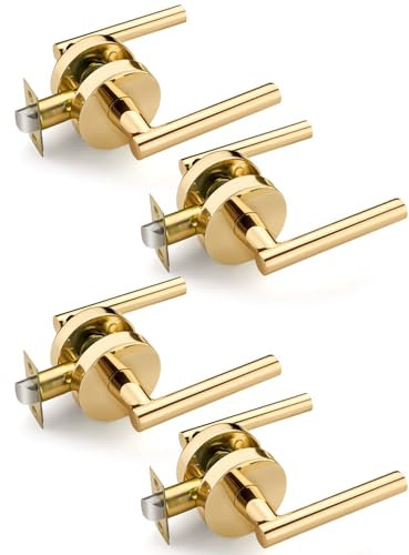 Bonpoly 4 Pack Polished Gold Door Handles, Interior Door Knobs with Passage Function, Non-Locking Handle Lever, Door Lever for Closet and Hall Doors, Suitable for Left or Right Sided Doors