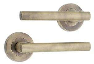 Infinity Decor Pair of Modern T Bar Lever Latch Door Handles on Round Rose Brass Set - Suitable for Interior & Exterior Doors  (Matt Antique)