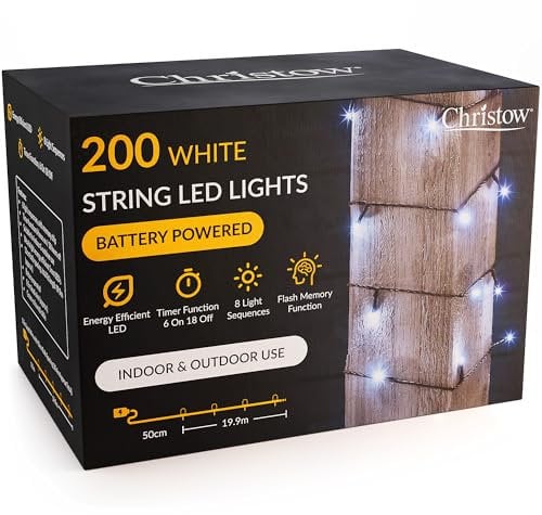 CHRISTOW Christmas Fairy Lights Battery Operated, White LED String Lighting with Timer, Indoor & Outdoor, 8 Light Modes Flashing & Static, Green Cable (200 LED / 20m Lit Length)