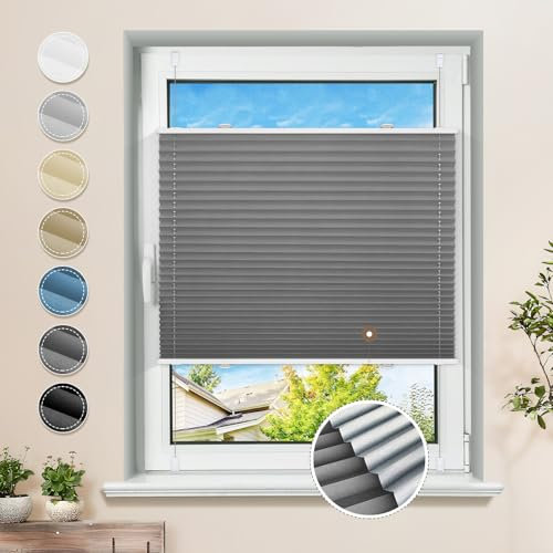Plissee ohne Bohren Verdunkelung Klemmfix Grau 70x200cm Thermo Plissees 100% Verdunklung Rollos für Fenster & Tür Verdunklungsplissee ohne Bohren Sichtschutz und Sonnenschutz
