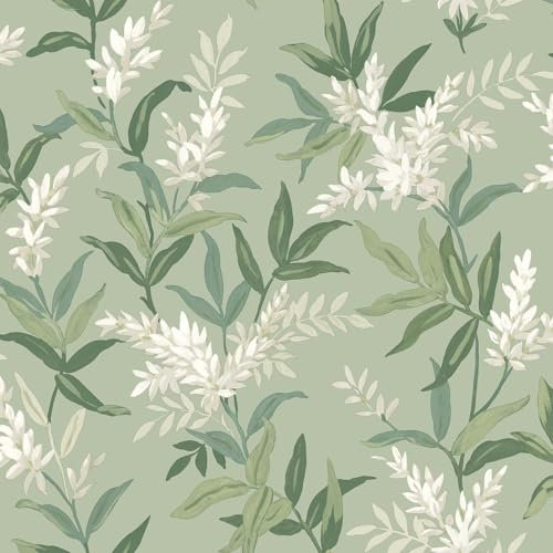Olivia Sage Green Floral Leaf Wallpaper - Flowers Botanical Leaves - Classy Stylish Trendy Feature Wall