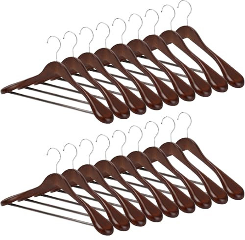 MELA'S Wooden Wide Clothes Hanger, Natural Wood, Pack of 18, Non-Slip, for Stable Jacket, Suit, Shirts, Extra Wide Shoulders, Trouser Bars, 45 x 23 x 5.5(Walnut)