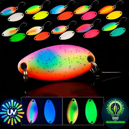 Njord Kalastus Messeneuheit 2024 UV aktive und Selbstleuchtende Glow Spoons Forelle 10 Stück in Spoonbox | Forellen Blinker Angeln Forelle Forellen Angeln Spoon Set Forellenköder (2,5g UV-Glow)