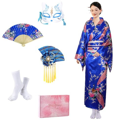CRFASIBE 5 Pièces Robe Kimono Longue Femme Japonaise Geisha Yukata Robe Kimono Paon Photographie Cosplay Costume Set(Bleu Foncé)