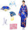 CRFASIBE 5 Pièces Robe Kimono Longue Femme Japonaise Geisha Yukata Robe Kimono Paon Photographie Cosplay Costume Set(Bleu Foncé)
