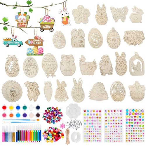 Sunshinestar Bastelset Ostern Kinder, 298 Stück Holzanhänger Ostern zum Bemalen inkl. Aquarellstifte, Strass, Glöckchen & Schnur, DIY Osterdeko, Ostergeschenke, Osterhase, Blumen, Schmetterling