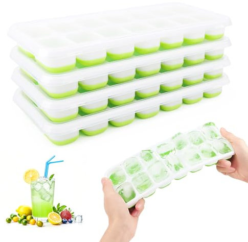 Bac à Glaçons, Lot de 4 Moule à Glaçons Silicone avec Couvercle, RISVOWO Ice Cube Tray Empilable, Carrés Bac Congelation, Glacon Moule Reutilisable pour Whisky, Cocktail, Glaces, Boissons(Vert)