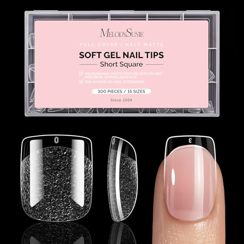 MelodySusie Short Square Almond Nail Tips - 300Pcs Clear Acrylic, Half Matte Full Cover Press on Nails for DIY Extension & Salon Use, 15 Sizes Pre-Shaped for Long-Lasting Manicure