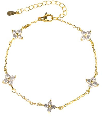 MUNSKT Damen Gold mit Cubic Zirkonia Blumen 925 Silber Bracelet für Mädchen S925 Sterling Silber Vierblättriges Kleeblatt Armband in Gold Armband Damen