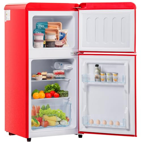 Frigorifero Con Scomparto Congelatore Combinazione Frigo-Congelatore, Frigorifero a Doppia Porta 60L Con Congelatore 22L, 39Db LED, Ripiani in Vetro, Cassetto Verdura, 102Kwh/Anno,Red