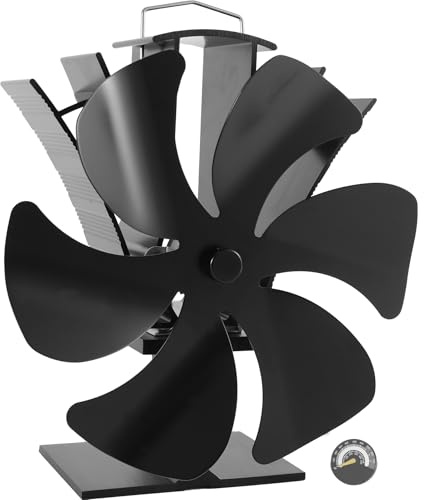 HAWCAFU 6-Blatt Ofenventilator Ohne Strom – Wärmebetriebener Kaminlüfter mit Thermometer, Leiser Betrieb Kaminventilator, Kompatibel mit Holz-, Kamin- & Pelletofen