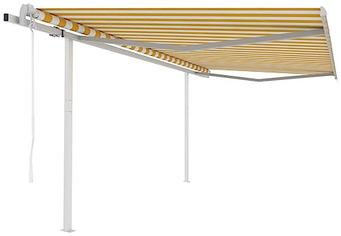 Electric Awning Automatic Retractable with Posts, 4.5 x 3.5 m, Yellow White, UV and Water Resistant, for Patio, Garden, Outdoor Use