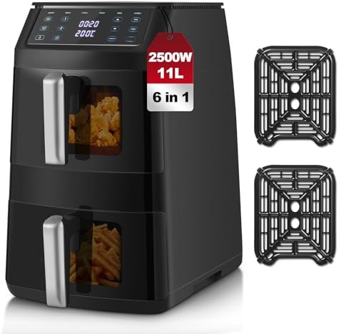 Doppelkammer Heißluftfritteuse, TopStrong Vertikale Double Stack Airfryer 2 Kammern mit Sichtfenster, Platzsparendes Design, 6 Funktionen, 2500W, Gleichmäßiges Garen & Wende-Erinnerung, 11L