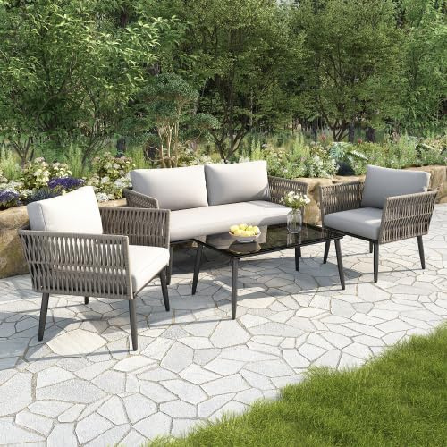 kozamas Gartenmöbel Set Lounge-Sofa für 6-7 Personen, PE-Rattan Sofagarnitur mit Beistelltisch & waschbaren Sitzkissen, verstellbare Füße, wetterfest für Terrasse, Balkon & Garten – Beige