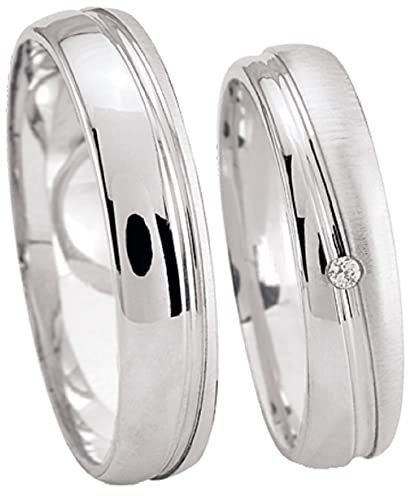 JC Trauringe 925er Sterling Silber Paar-Preis I Ehe-Ringe inkl. kostenloser Gravur I Verlobungsringe 4,5 mm breit inkl. Etui I Herren-Ring ohne & Damen-Ring mit 1 Zirkonia-Stein I Gr. 48 bis 72 I S059