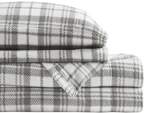 Sleep Philosophy Micro Fleece Sheets Queen Size Bed Set 4 Piece, Grey Plaid