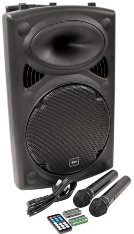 QTX , QR12BT PA: Powerful Portable PA with Bluetooth Connectivity, Two Wireless Mics, Internal Rechargeable Battery, Trolley Handle and Wheels