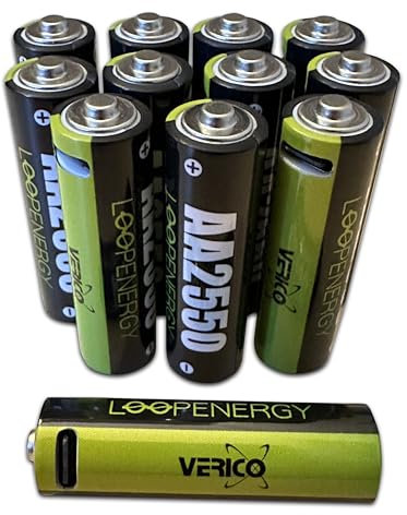 VERICO LoopEnergy AA 2550 Wiederaufladbare USB-C Batterie AA 1,5V 2550mWh (1700mAh) Li-Ion Akku, Schnellladung via USB-C Anschluss in ca. 2 Stunden, 12er Pack AA, 3 Stück Kabel USB-A auf 4 x USB-C
