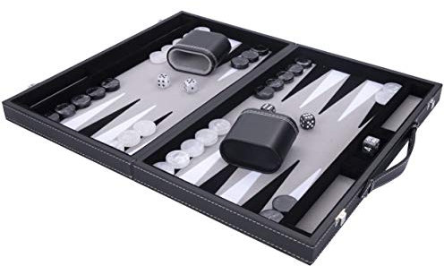 Engelhart - 250506 - Backgammon de Luxe - Gris - 38 cm - 15 Pouces - Simili Cuir - Incrustation Feutre - Dés et Jetons Nacrés + 2 Gobelets - Stratégie - Jeux de Backgammon