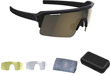 BBB Cycling Fuse Cycling Glasses for Men and Women | Comes With 3 Interchangeable Lenses: Smoke, Yellow and Clear | Road Cycling and MTB Glasses | Matt-black Gold | BSG-65