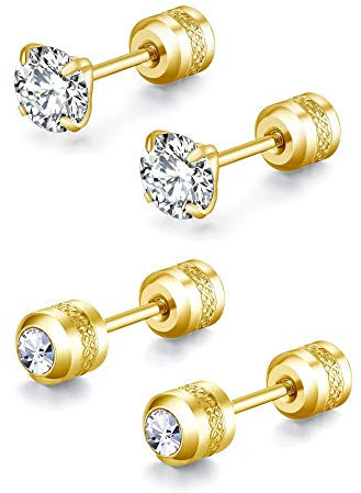 2 Pairs Stud Earrings Set,Hypoallergenic Cubic Zirconia 316L Stainless Steel CZ Screw back Double Sided Earrings for Men,Women,Boys & Girls