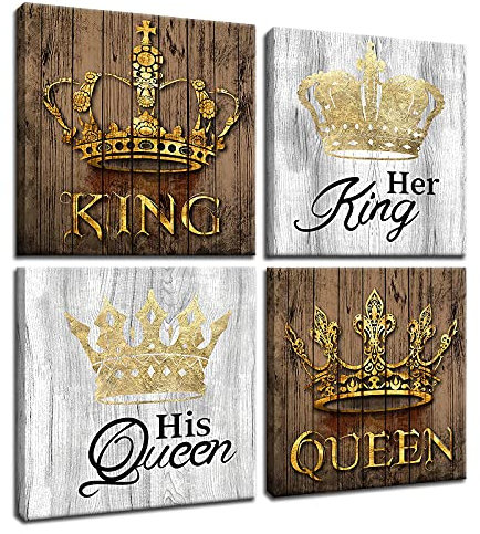 King and Queen Crown Wandkunst, Retro-Hintergrund, Wortbild, Poster auf Leinwand, Kunstwerk, Wanddekoration für Schlafzimmer, Wohnzimmer, Holzrahmen, fertig zum Aufhängen [16 Bx16 Hx4 Stück]