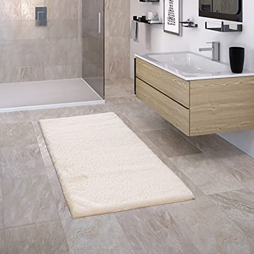 Paco Home Badezimmerteppich Badematte Badteppich Badvorleger Duschvorleger Shaggy rutschfest Flauschig Waschbar Einfarbiges Muster, Grösse:60x100 cm, Farbe:Creme