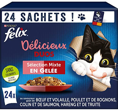 FELIX | Délicieux Duos | En Gelée | Chat Adulte | Sélection mixte : Bœuf et Volaille, Poulet et Rognons, Colin et Saumon, Hareng et Truite | Sachets Fraîcheurs | Lot de 4 ( 24 x 85 g)