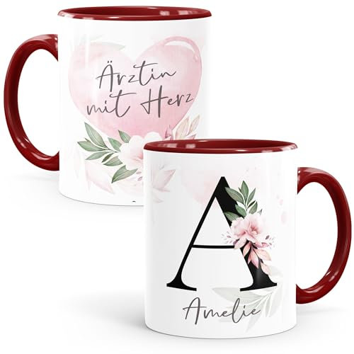 SpecialMe® Kaffee-Tasse mit Name und Spruch mit Herz Initiale Monogramm Dankeschön personalisierte Geschenke Ärztin bordeauxrot Keramik-Tasse