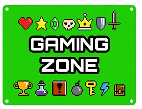 Gaming Zone Metallschild in 15x20 cm mit Pixel-Items für Zocker in grün als coole Dekoration für dein Gamingzimmer oder das Kinderzimmer von einem Liebhaber von Retro Games