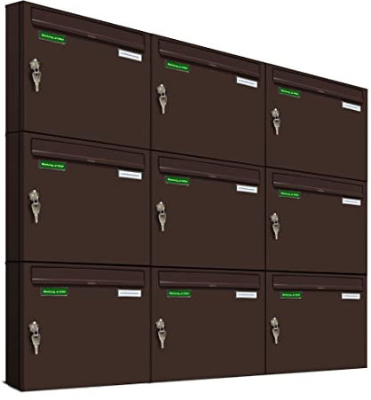 AL Briefkastensysteme Basic 9er Briefkasten RAL 8017 Schokoladen Braun 9 Fach DIN A4 wetterfest Briefkastenanlage mit Posthaltebügel und 2 Namensschildern