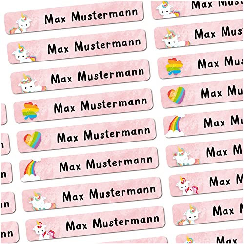 72 Stück personalisierte Namensaufkleber für Schulsache. Für Kinder Schule und Kindergarten zum Markieren von Gegenständen (Einhorn) Maße 4,9 x 0,75cm