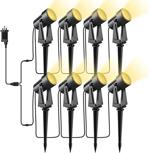 Bomcosy Gartenbeleuchtung, 28M/8er Set Gartenleuchte mit Erdspieß, DC 27V 1600LM IP65 Wasserdicht LED Gartenstrahler mit Stecker, Warmweiß Scheinwerfer Gartenlampe Wegbeleuchtung Spot Außenbeleuchtung