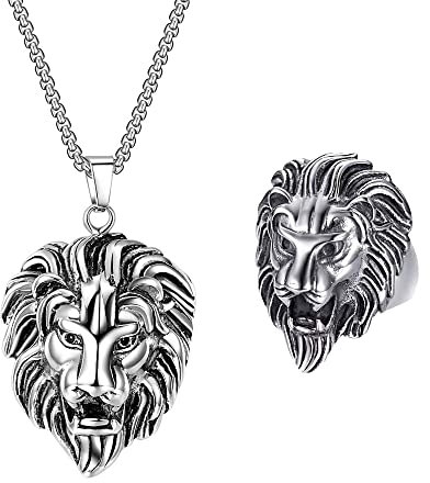 JKJF Löwenkopf Halskette Ringe Set Löwenkopf Anhänger Halskette Hip Hop Kette Halsband für Männer Frauen Mottoparty Karneval Party Cosplay Zubehör - Silber