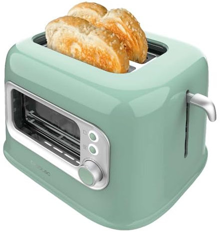 Cecotec Tostadora Vertical con 2 Ranuras Anchas y Ventana Control RetroVision Green. 700W, Diseño Retro, Cubierta Antipolvo, Apagado y Pop-up Automático, 5 Niveles de Potencia, Verde