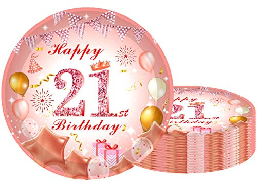 21st Party Plates 7 inch Rose Gold,21st Birthday Paper Plates Rose Gold 16Pcs,21stPink Rosegold Birthday.Paper Tableware Set for Her BirthdayGifts,21stWomen Birthday Party Decorations