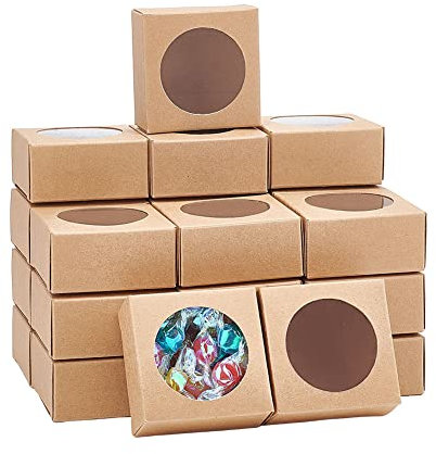 NBEADS 24 Uds Cajas de Papel Kraft con Ventana, Caja de Panadería Marrón Ventana Redonda Caja de Pastelería Mini Caja de Pastel Caja de Regalo 2.5 × 2.5 × 1.2 (6.3 × 6.3 × 3 cm) para Pasteles