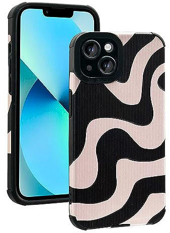 INJPCUCA Entworfen für iPhone 13 Hülle, süßes Wellenmuster-Design schwarze Schutzhülle für Frauen Mädchen PU-Leder Silikon Slim stoßfeste Cover für iPhone 13 6,1 Zoll, Beige Rosa