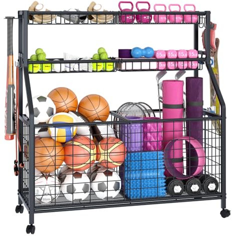 Azheruol Ball Storage Rack Sports Equipment Organizer for Garage,Multifunctional Sports Cart Gear Storage for Indoor Or Outdoor, Large Ball Storage Rack for Basketball,Baseball Bat, Football, Toys