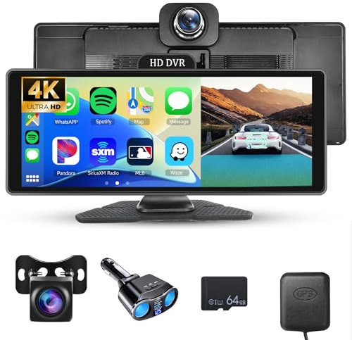 4K Display Carplay Android Auto Monitor 1440P Dashcam mit GPS ADAS, Hodozzy 10,26 Zoll IPS Touchscreen Bluetooth WiFi Front und Rückfahrkamera Nachtsicht, Loop-Aufnahme Parküberwachung, FM/AUX Karte