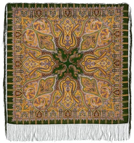 Fashion Accessoires Damen Schal Pavlovo Posad Shawl Manufactory Schultertuch Umschlagtuch Fransentuch Schafran auf Grün Stola Damen Wolle 89x89 cm