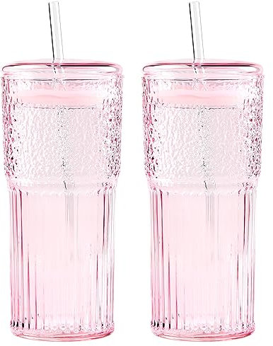 GOSCHE Trinkglas mit Deckel und Strohhalm, 590 ml, klare Eiskaffeetassen, Vintage-Riffelglaswaren, Glasbecher mit Strohhalm für Wasser, Kaffee, Tee, 2 Stück, Rosa