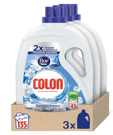 Colon Sensaciones Azul - Detergente Para Lavadora Adecuado Para Ropa Blanca Y De Color, Formato Gel, Hasta 135 Dosis, 3x45dosis