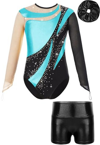 Alvivi Kinder Mädchen Gymnastikanzug Turnanzug Langarm Glitzer Gymnastikbody mit Kurze Hose Haarband Turntrikot Gymnastik Kleidung Tanzkostüm Türkis&Schwarz 170-176