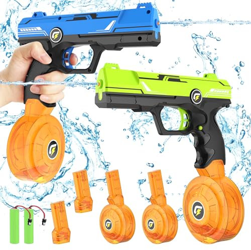 Elektrische Wasserpistole für Kinder und Erwachsene, 2 Stück Wasserspritzpistole Max Reichweite 32 FT, Leistungsstarke Wassersprüher mit 450CC + 58CC Große Kapazität für Sommer Pool Beach
